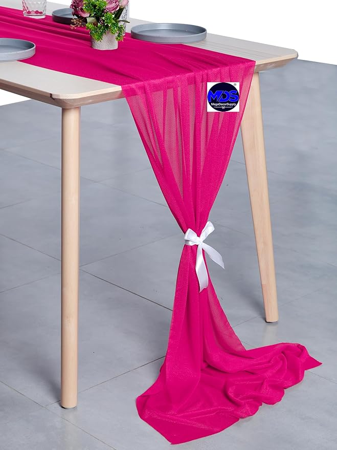MDS 2 Pack 14ft Chiffon Table Runner 29 x 170 Inches Sheer Wedding Runner Romantic Rustic Table Runner for Wedding Decorations, Birthday Parties, Bridal Shower Party Arch Decor - Hot Pink