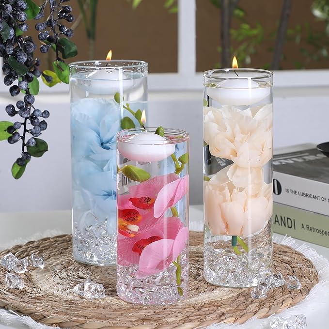 20 PCS White Floating Candles and 16 PCS Glass Vases for Centerpieces with 400 Fake Ice Acrylic Rocks Vase Filler Floating Candle Centerpieces for Tables Party Wedding Home Decoration