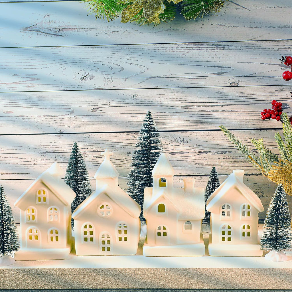 light up christmas village set of 4 lighted, front angle view