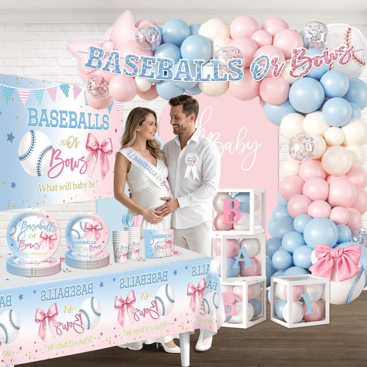 cocomigo baseballs or bows gender reveal decorations, serves, package contents