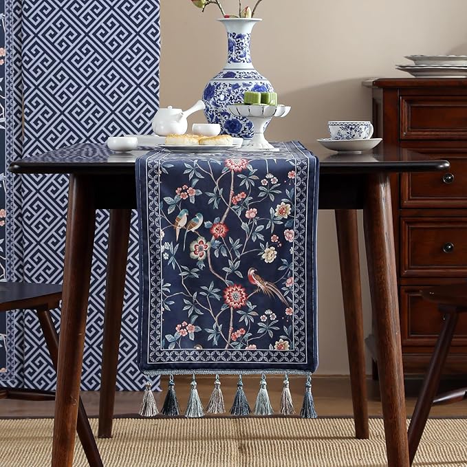 patdrea Vintage Chinoiserie Floral Table Runner Farmhouse for Home Kitchen Dining Decor Parties Family Dinners 12"*63"