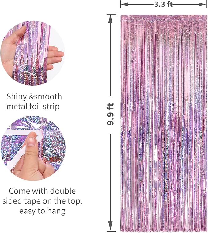 Crosize 2 Pack 3.3 x 9.9 ft Laser Pink Foil Fringe Backdrop Curtain, Streamer Backdrop Curtains, Streamers Birthday Party Decorations, Tinsel Curtain for Parties, Galentines Decor, Preppy, Photo Booth