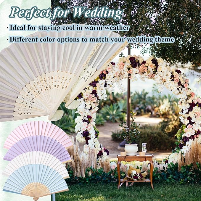 100 Set Personalized Cream Wedding Fans for Guests Bulk, Custom Engraved Summer Wedding Fans, Silk Hand Fans Handheld Folded Fan Baby Shower Favors for Bridal Bridesmaid Gift Church Dancing Party