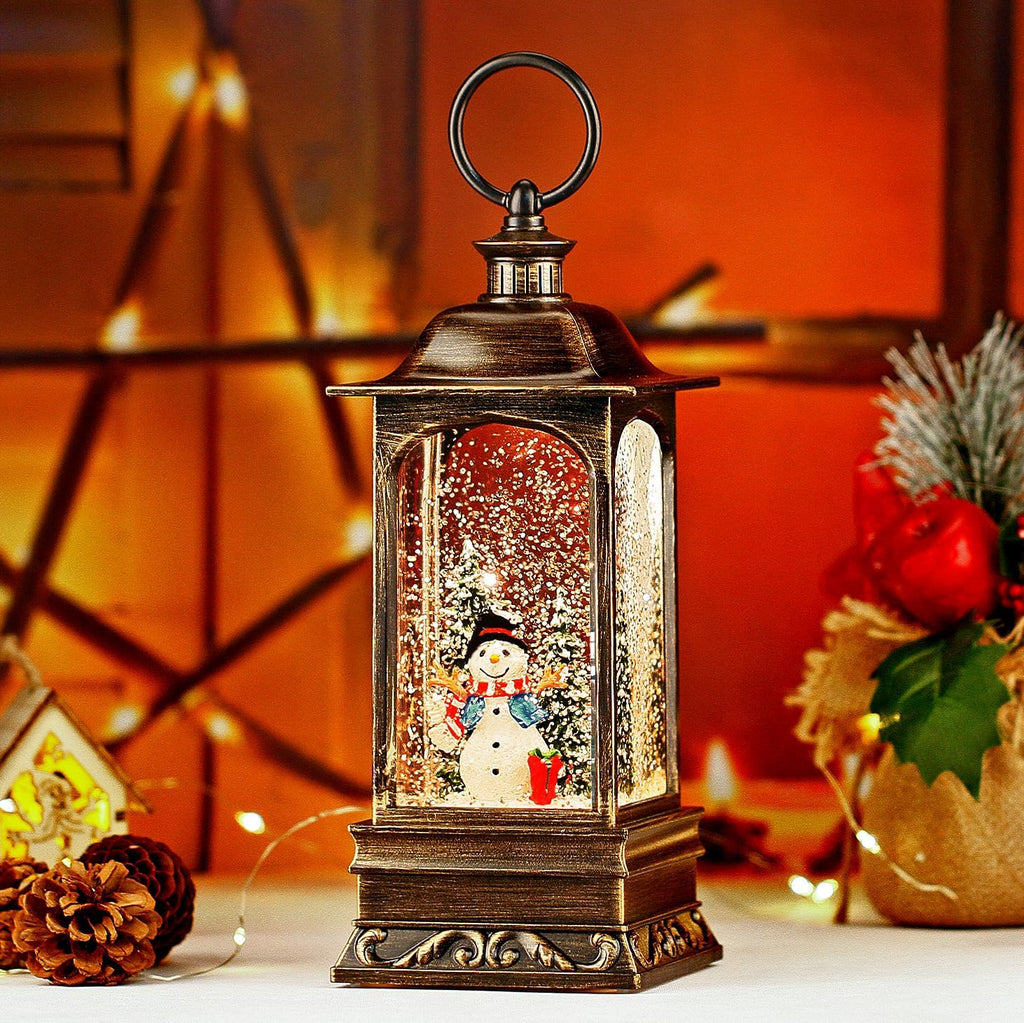 Christmas Snow Globes with Music, Snowman Snow Globe Lantern 6H Timer Lighted Christmas Lantern for Christmas Decorations