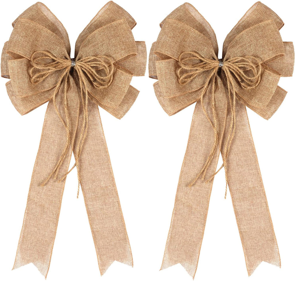 2 Pack Large Burlap Jute Hemp Rope Bows for Wreaths,Rustic Farmhouse Crafts Bow Wrapping Tree Topper Wedding Holiday Birthday Party Wall Home Boho Front Door Decorations