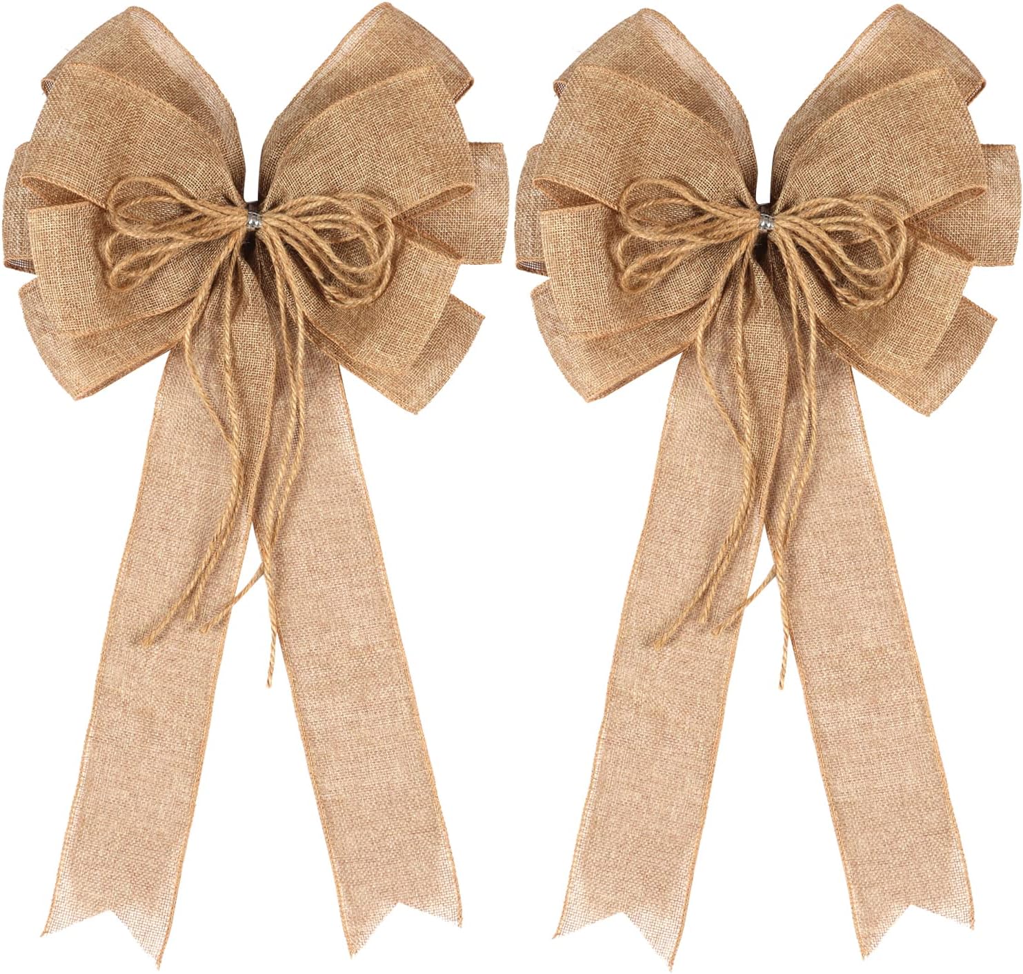 2 Pack Large Burlap Jute Hemp Rope Bows for Wreaths,Rustic Farmhouse Crafts Bow Wrapping Tree Topper Wedding Holiday Birthday Party Wall Home Boho Front Door Decorations