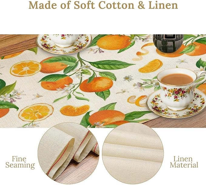 Spring Summer Orange Table Runner Vintage Citrus Lemon Fruit Mandarin Floral Dinner Runner for Farmhouse Baby Shower Party Holiday Home Kitchen Dining Table Decor 13x36