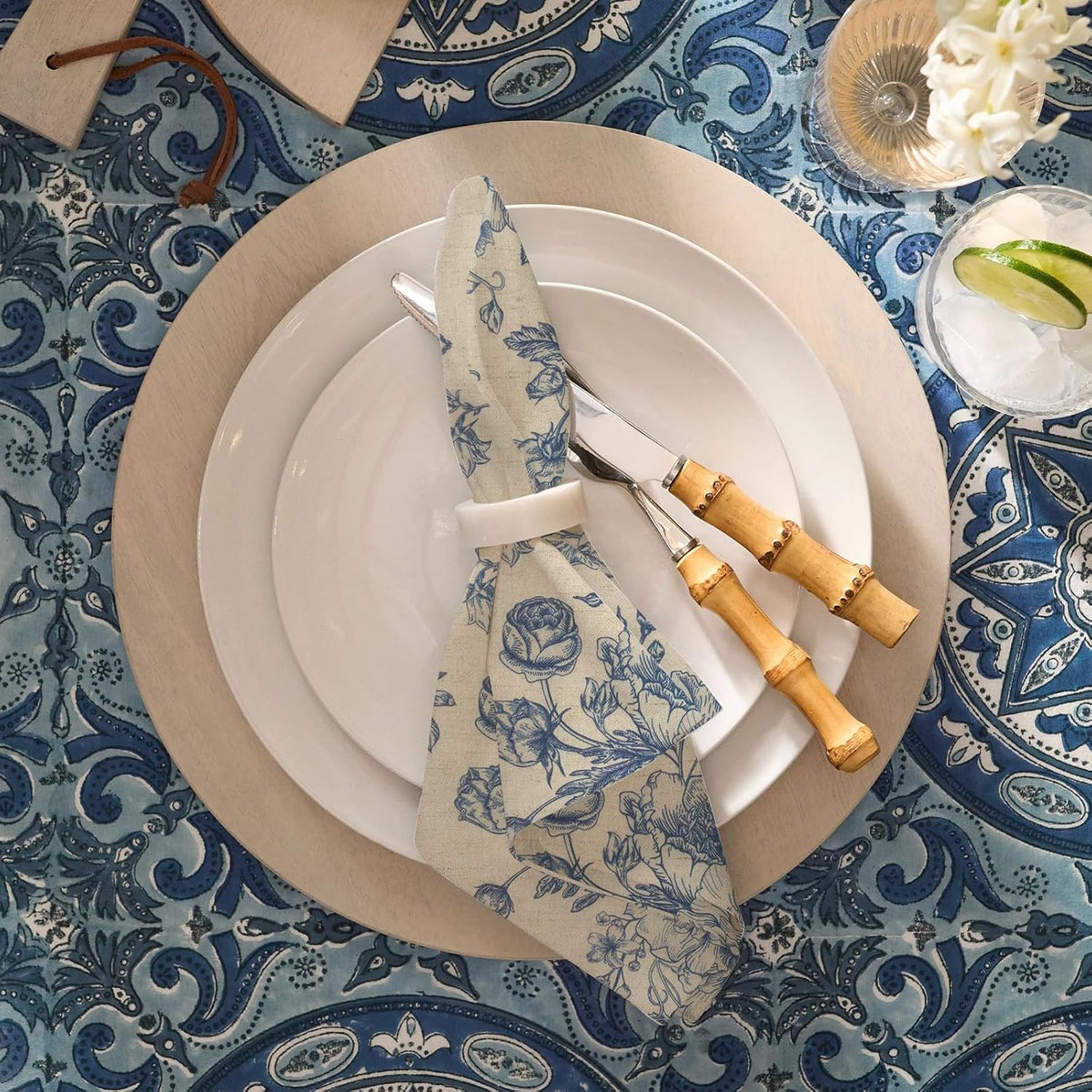 Blue Floral Cloth Napkins Set of 12, Vintage Linen Cotton Dinner Napkins 15x1...