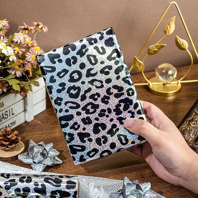 Yarcony Leopard Wrapping Paper Roll, Bold Animals Prints Wrapping Paper, Glitter Black White Cheetah Gift Wrap w/Metallic Shine for Birthday, Graduatios, Bachelorette, Christmas (17 Inch X 33 Feet)