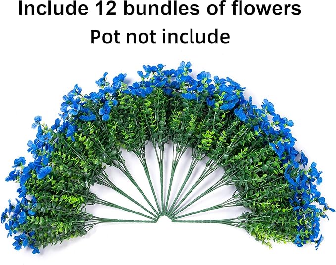 HyeFlora Artificial Flowers for Outdoor Indoor Garden Home Decoration, Faux Flower Daisy with Eucalyptus Leaves Fake Plants Greenery Boxwood Porch Patio, 12 Bundles (Blue)