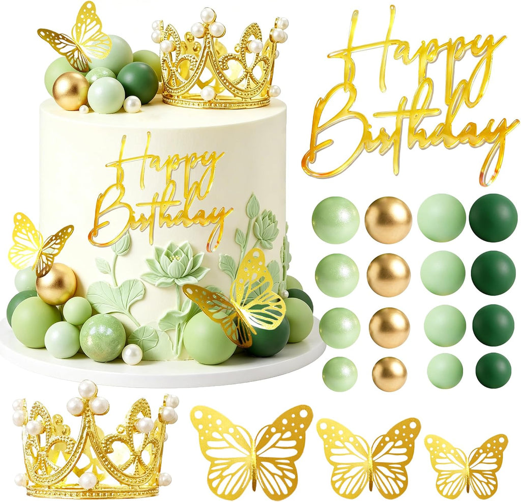 Green Gold Balls Cake Toppers Happy Birthday Crown Tiara Cake Topper Princess Purple Cake Decorations (Green)