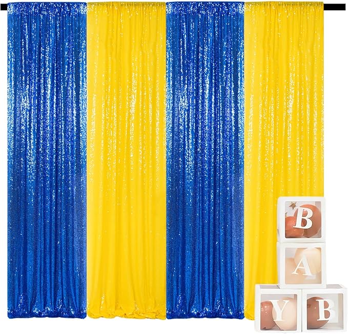 ShinyBeauty Sequin Backdrop Yellow and Royal Blue Backdrop Set of 4, 2FTx8FT Photo Backdrops Shimmer Wall Photograph Backgrounds Glitter Curtains 4 Pieces