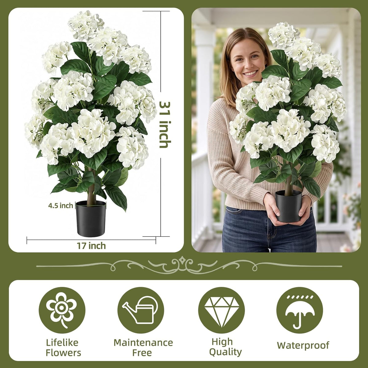hydrangea artificial tree flowers for outdoor faux bush, side view