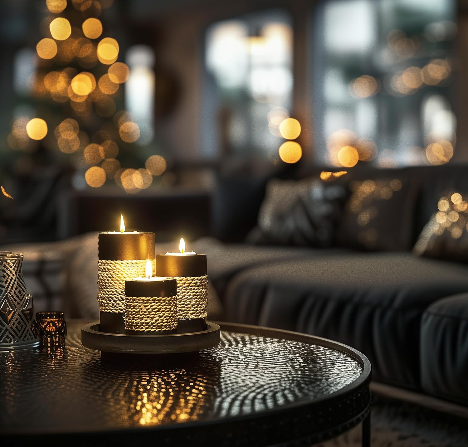 IYARA CRAFT Candleholder Set with Tray, Set of 3 Rustic Black Wooden Tealight Candle Holders with Natural Rope Accent, Coffee Table Centerpiece, Farmhouse Home Decor, Housewarming