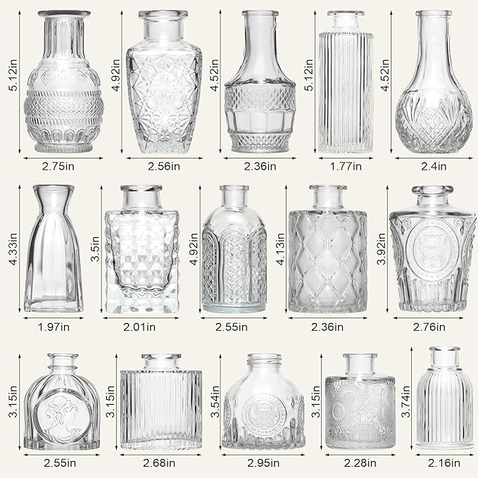 Arme 16Pcs Glass Bud Vase Set，Small Flower Vase for Centerpieces，Clear Bud Vases in Bulk， Mini Vintage Vase for Rustic Wedding Decorations