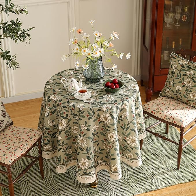 ISAENNE Designer Green Linen Small Round Tablecloth,Floral French Country Indoor Table Cloth,Stain Resistant Home Decor Tablecloths for Dining Kitchen Thanksgiving Party,Diameter 55"-Brune