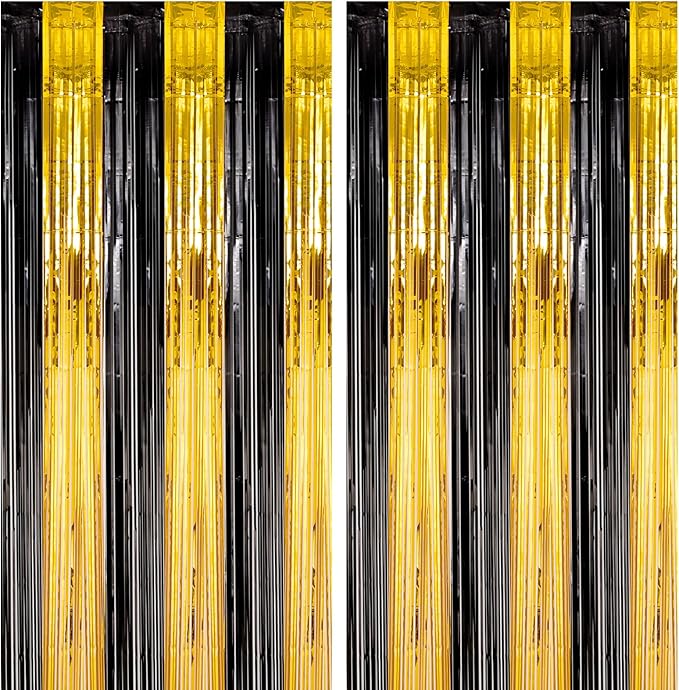 2 Pack Black and Gold Foil Fringe Backdrop Curtains, Tinsel Streamers Birthday Party Decorations, Fringe Backdrop for Graduation, Baby Shower, Gender Reveal, Disco Party