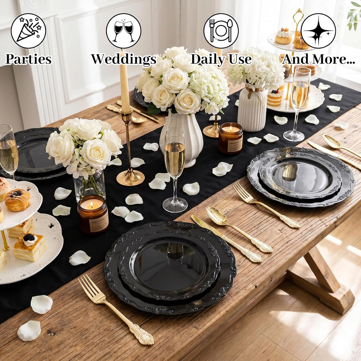 DaYammi 150Pcs Black Plastic Plates & Gold Plastic Silverware Set for Party