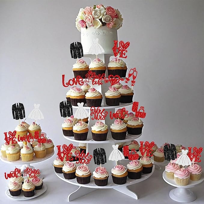 Ephlyn 30Pcs Bride to be Cupcake Toppers Glitter Wedding Cake Topper Decorations I Do Love Heart Ring Cupcake Picks for Bridal Shower Wedding Engagement Party Supplies Red