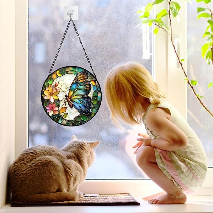 Stained Glass Window Hanging, Butterfly Flower Sun Catchers Diamond Glass Panel Hangings Insect Suncatcher Decor for Birthday for Women, Men, Wife, Aunt, and Mom 6.3 in