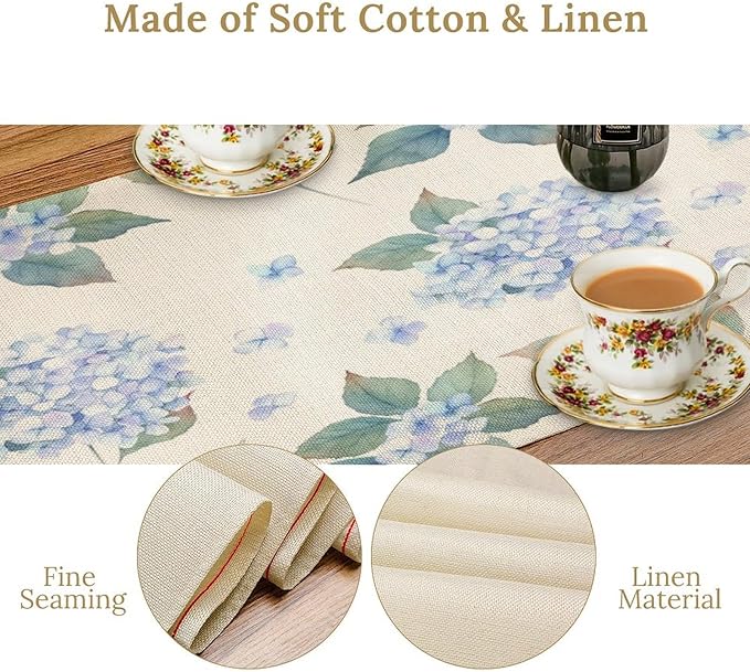 Spring Hydrangea Flower Table Runner, Seasonal Summer Plants Watercolor Blue Florals Dinner Runner for Home Kitchen Dining Table Party Holiday Decoration 13"x120"
