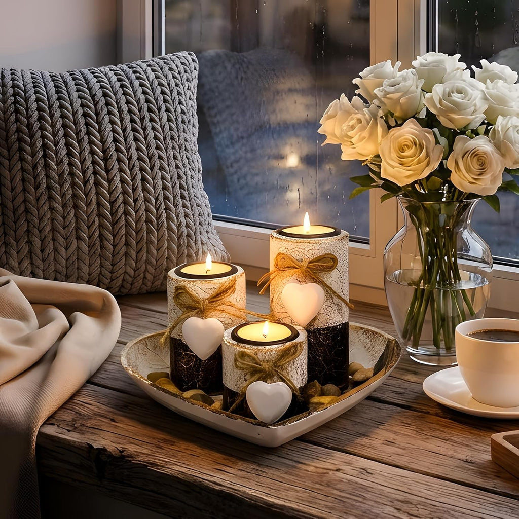 Farmhouse Candle Holders 3 Pack Rustic Wooden Pillar Candle Holder with Heart Tray and Stones Tealight Candles Holders Farmhouse Centerpiece for Coffee Table Mothers Day Valentines Home Decor