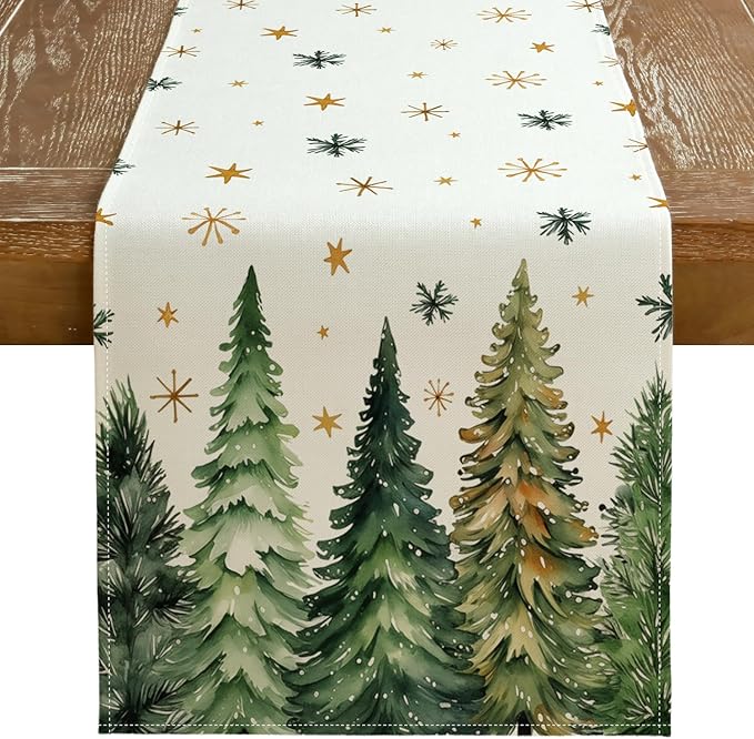 GEEORY Christmas Table Runner 13x36 Inch, Xmas Tees Snowflakes Holiday Decorative Farmhouse Table Decoration for Kitchen Dinning, Indoor Outdoor Dinner Party Decor (Light Green) GT166-36