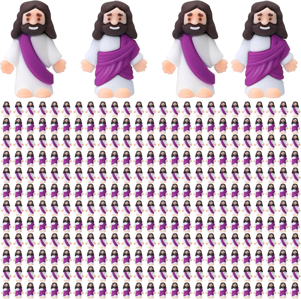 Bememo 300 Pcs Little Jesus Figures Bulk Original Design Mini Pocket Jesus Rubber Figurine to Hide and Seek Religious Party Favors Baptism Gifts(Purple)