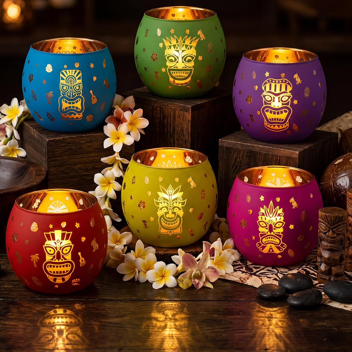 Jingmore 6 Pcs Hawaiian Luau Party Decoration Tiki Votive Candle Holder Tiki Torches Glass Candle Holder Tropical Flower Tealight Holders with 6 Laser Engraving Pattern for Hawaiian Aloha Summer Party