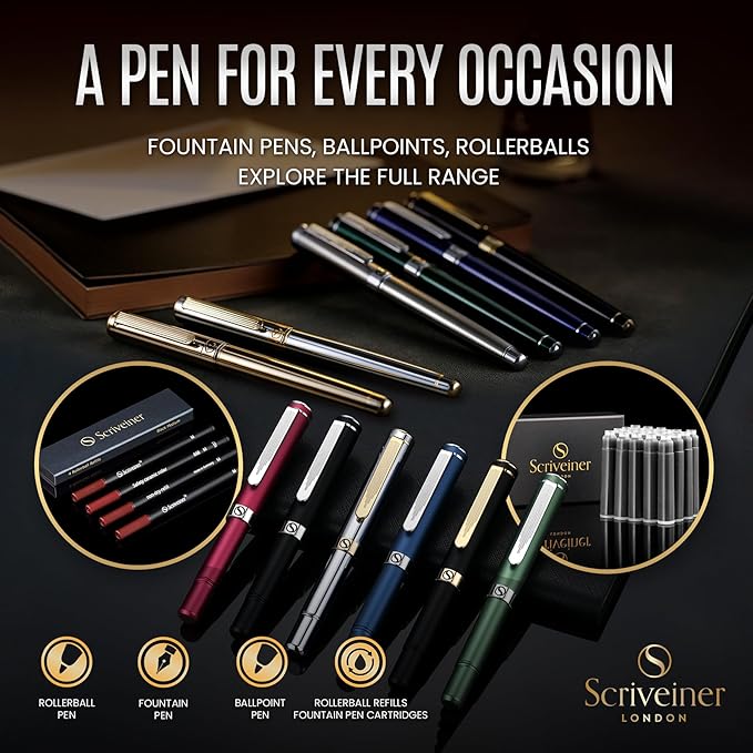 Scriveiner Midnight Blue Fountain Pen - Stunning Luxury Pen with Chrome Appointments, Schmidt Nib (Medium), Best Pen Gift Set for Men & Women, Professional, Executive, Office, Nice Pens