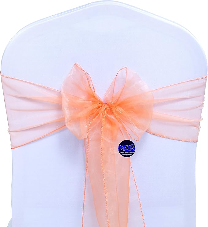 MDS Pack of 200 PCS Organza Chair Sashes Wider Dining Chair Bows Ribbon Tie Back for Wedding Party Birthday Bridal Shower Reception Event Banquet Home Chair Cover Decoration - Peach