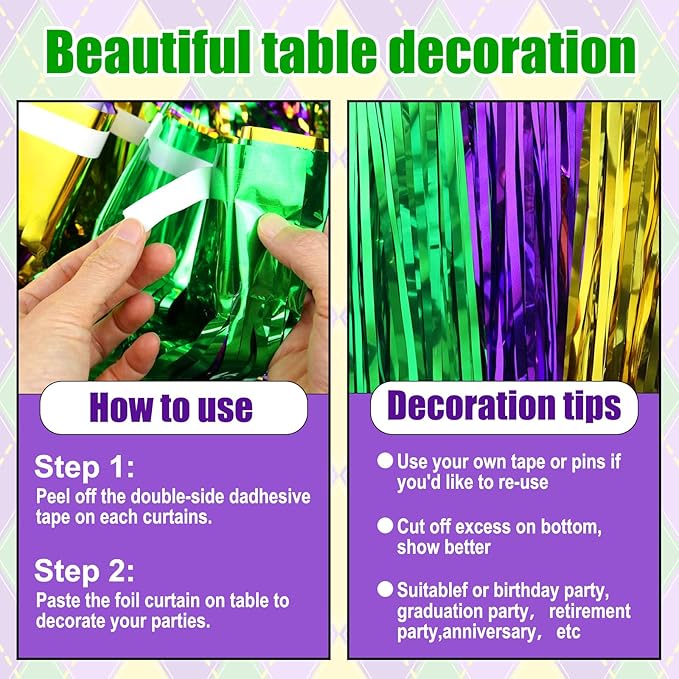 3 Pack 29 x108 Inch Gold Green Purple Foil Fringe Table Skirts Metallic Banner for Tinsel Streamer Garland Backdrop for Parade Floats Wedding Thanksgiving Birthday Christmas New Year Party Decoration