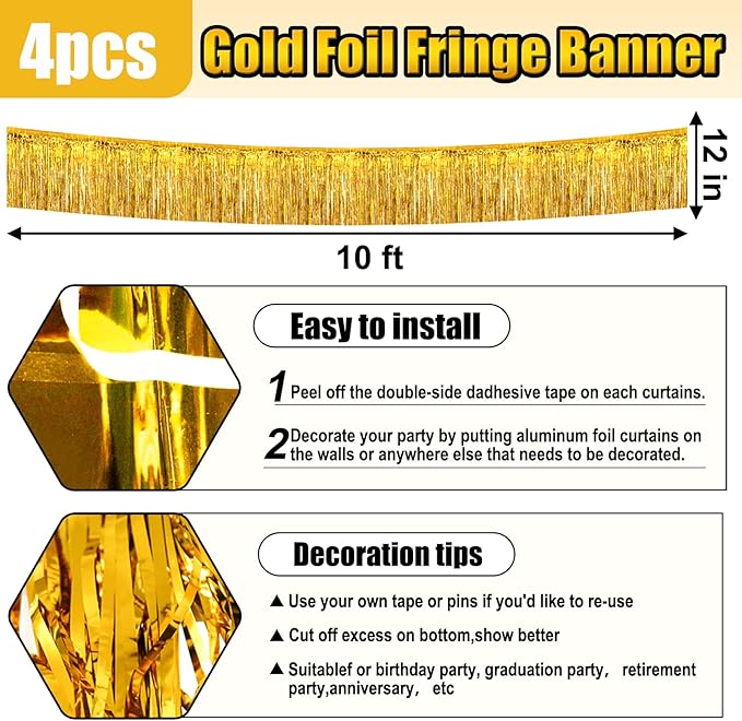 4 Pack 10 Feet Gold Foil Fringe Garland Metallic Tinsel Streamers Banner Wall Hanging Curtain Backdrop for Parade Floats, Wedding, Graduate, Mother's Day, Birthday Party Decoration
