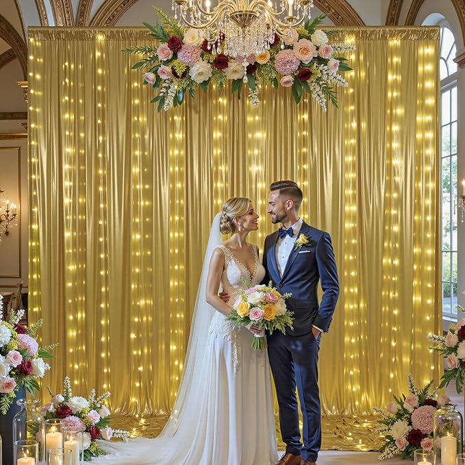 20x10 ft Gold Sequin Backdrop Curtain with Lights for Parties, Wrinkle Free Glitter Photo Backdrop Drapes Shimmer Back Drop Cloth with Light Strings for Wedding Birthday Photography Background