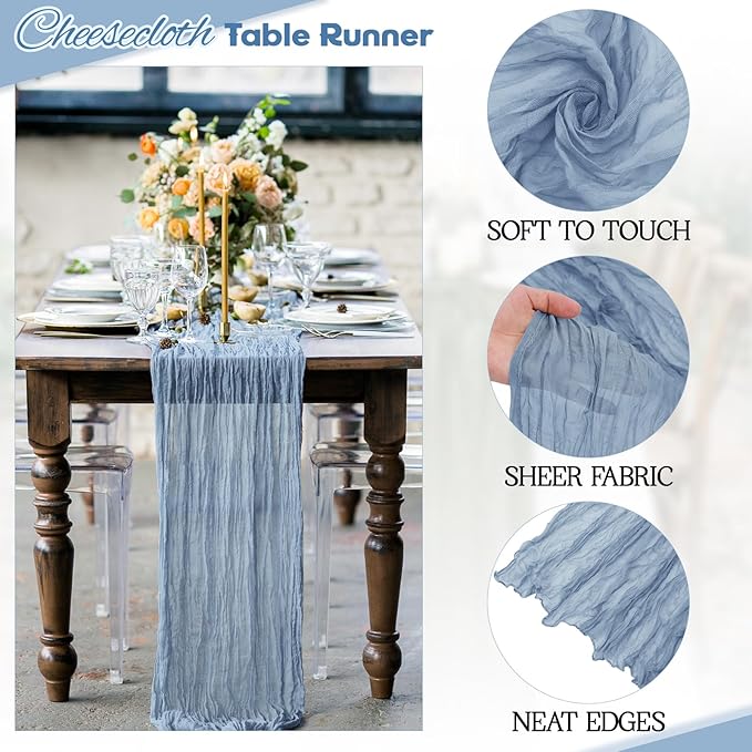 Aktor 12 Pack Dusty Blue Table Runner Boho Cheesecloth Table Runner Semi Sheer Gauze Fabric Runners for Wedding Birthday Baby Shower Party Boho Table Decoration（Dusty Blue）