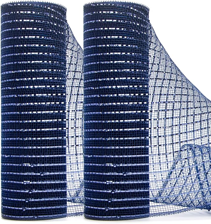 Ribbli 2 Rolls Navy Blue Mesh Ribbon,10 inch x 30 feet(10Yard) Each Roll,Metallic Navy with Navy Wide Foil,Use for Wreath Swags and Decorating