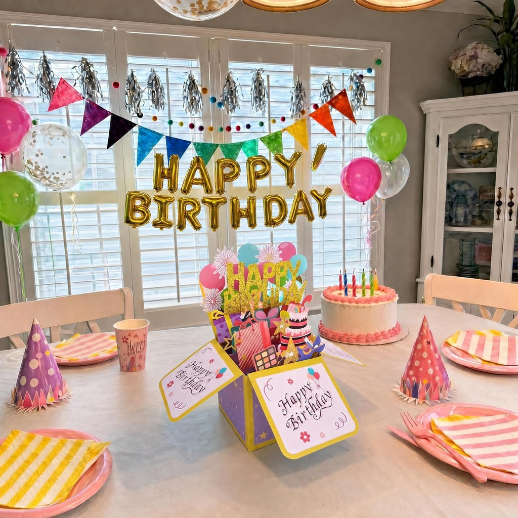 ROBBEAR Happy Birthday Pop Up Card with Birthday Age Design, DIY Card Highlight Birthday Milestone, 3D Birthday Gift Box for Adults and Kids with Envelopes, A Unique Card for Daughter, Son, Mom, Dad, Friend