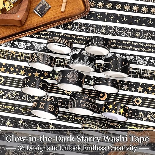 36 Rolls Glow-in-The-Dark Starry Washi Tape Set with Gold Foil Celestial Patterns - Writeable Decorative Tapes for Scrapbooking, Bible Journaling, Bullet Journals 0.6" x 79" per Roll