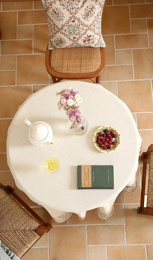 ISAENNE Designer Off White Linen Round Tablecloth,Floral Elegant Table Cloth,Stain Resistant Vintage Decor Tablecloths for Dining Thanksgiving Kitchen Christmas,Diameter 67"-Serenity G