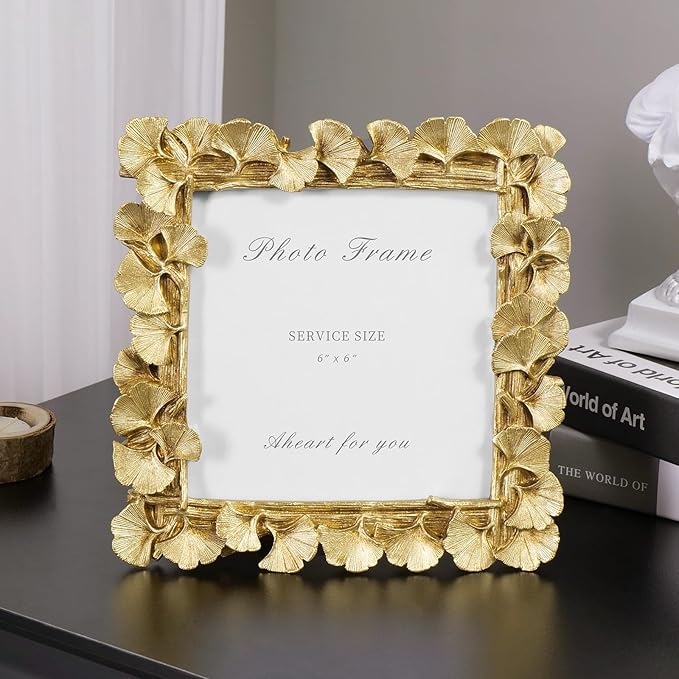 Cuspin Vintage Picture Frame 6x6 Gold Frames, Gold Ornate Leaf Textured Hand-Crafted Resin with Glass Front Antique Photo Frame for Tabletop Display, Retro Design Home Decor