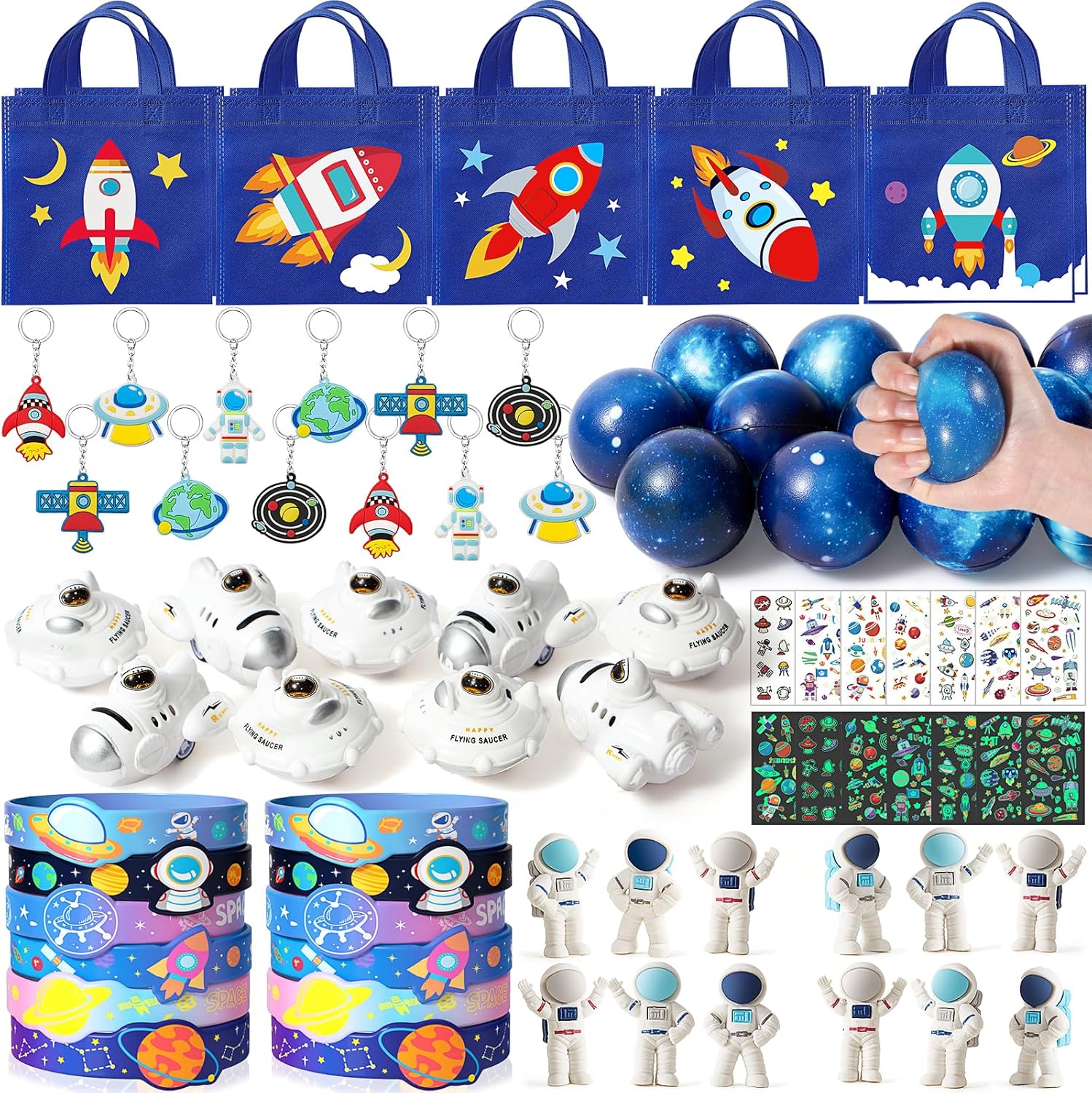 SNLN Outer Space Party Favors Birthday Supplies Non-Woven Gift Bag Stress Ball Spaceship Toy Astronaut Eraser Silicone Bracelet Keychain Tattoo Sticker Galaxy Space Goodie Bags Party Decoration