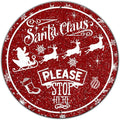 Round Metal Tin Sign - Santa Sleigh Reindeer Vintage Sign - Santa Claus Please Stop Here Sign for Christmas Living Room Bedroom Coffee Bar - 8 * 8 in