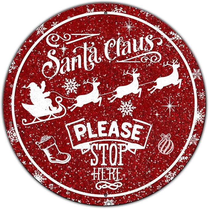 Round Metal Tin Sign - Santa Sleigh Reindeer Vintage Sign - Santa Claus Please Stop Here Sign for Christmas Living Room Bedroom Coffee Bar - 8 * 8 in