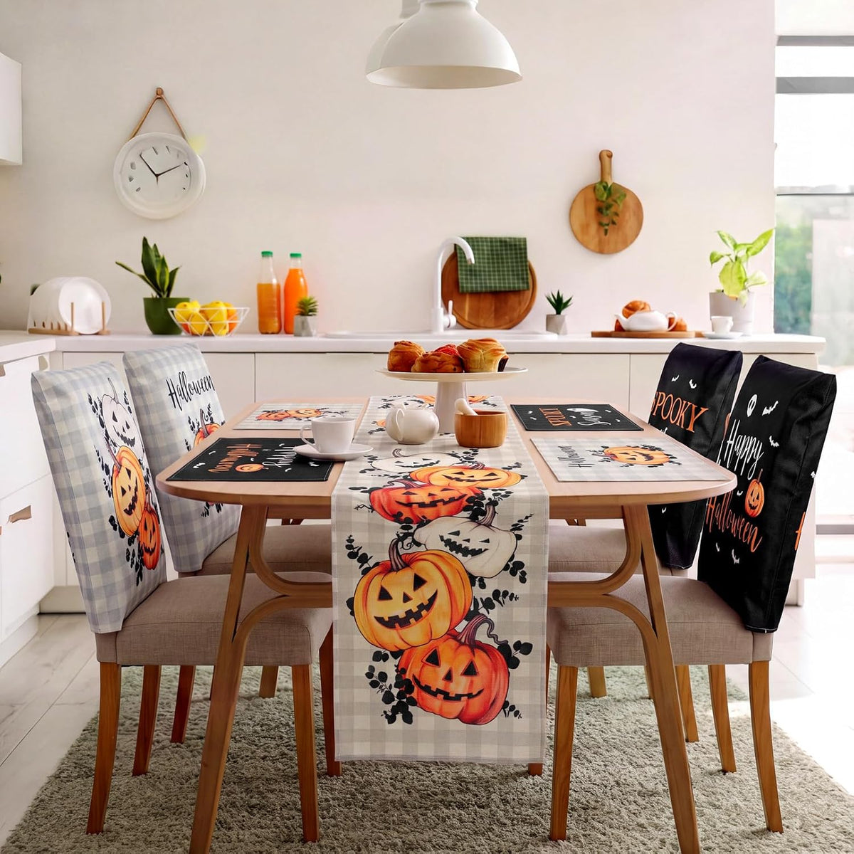 Newtay 13 Pcs Halloween Table Runner Placemats and Dining Chair Cover Set