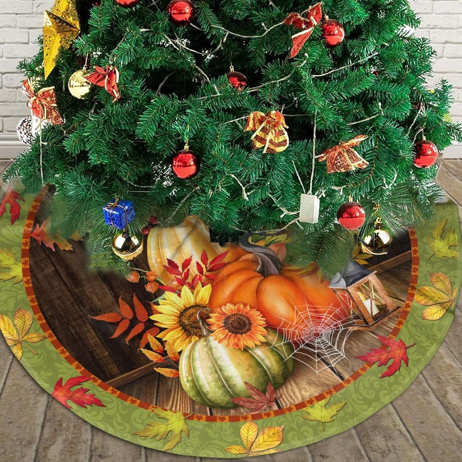 Fall Maple Leaf Christmas Tree Skirt Xmas Tree Mat Halloween Christmas Tree Ornaments Decorations Holiday Party Indoor Outdoor 30"