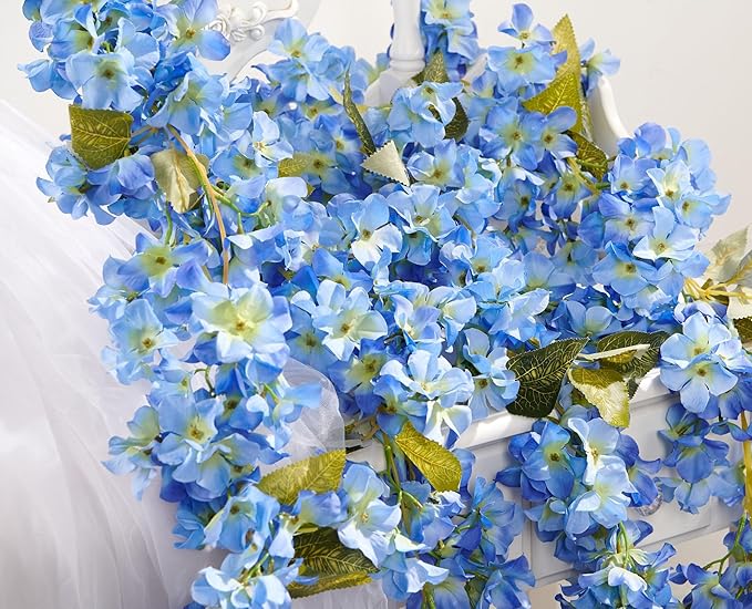 Flower Garland, Artificial Hydrangea Vine Flowers, Hanging Fake Hydrangeas Vine for Room Anniversary Wedding Birthday Christmas Wall Arch Decor, 2 Pcs, Floral Garland, Blue Flower