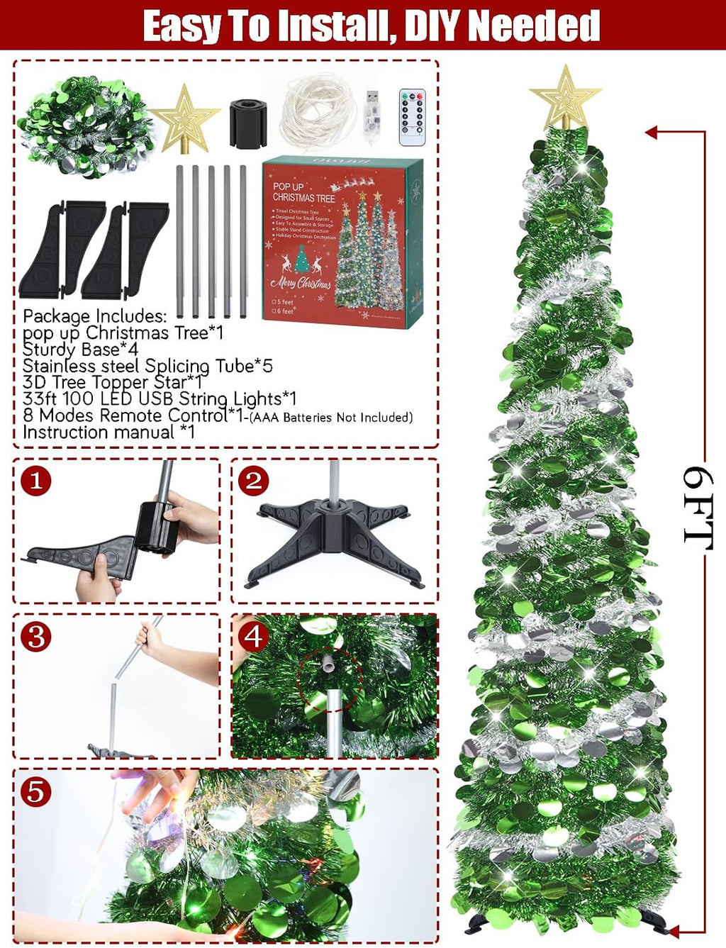 hmasyo 6 ft pop up tinsel christmas tree, front angle view