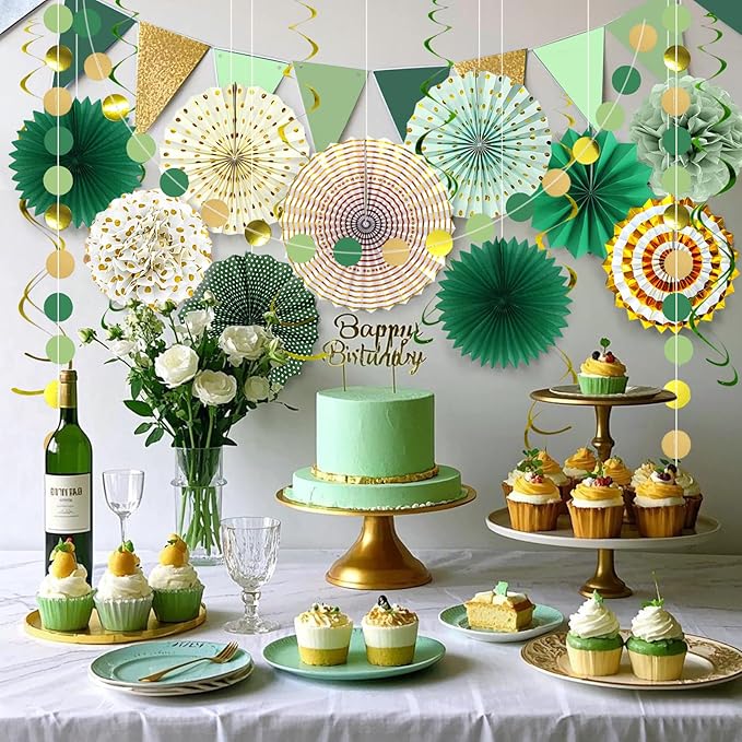 Paper Fans Party Decorations Glitter Green Gold Paper Triangle Flag Banner Tassel Garland Circle Banners Party Supplies for Bachelorette, Birthday, Bridal Shower Birthday Wedding Bachelorette