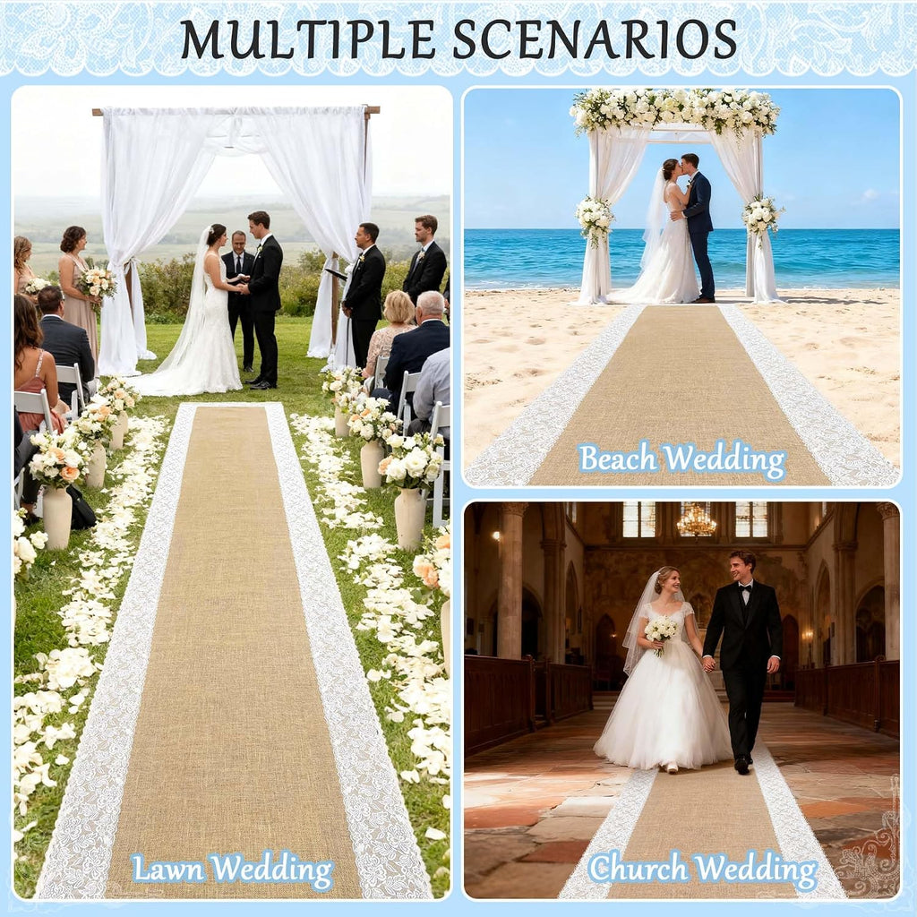 3ft x 20 ft Wedding Aisle Runner Outdoor for Wedding Ceremony with Lace Jute Rustic Natural Burlap Decorations Beach Garden Church Reception Craft Decor