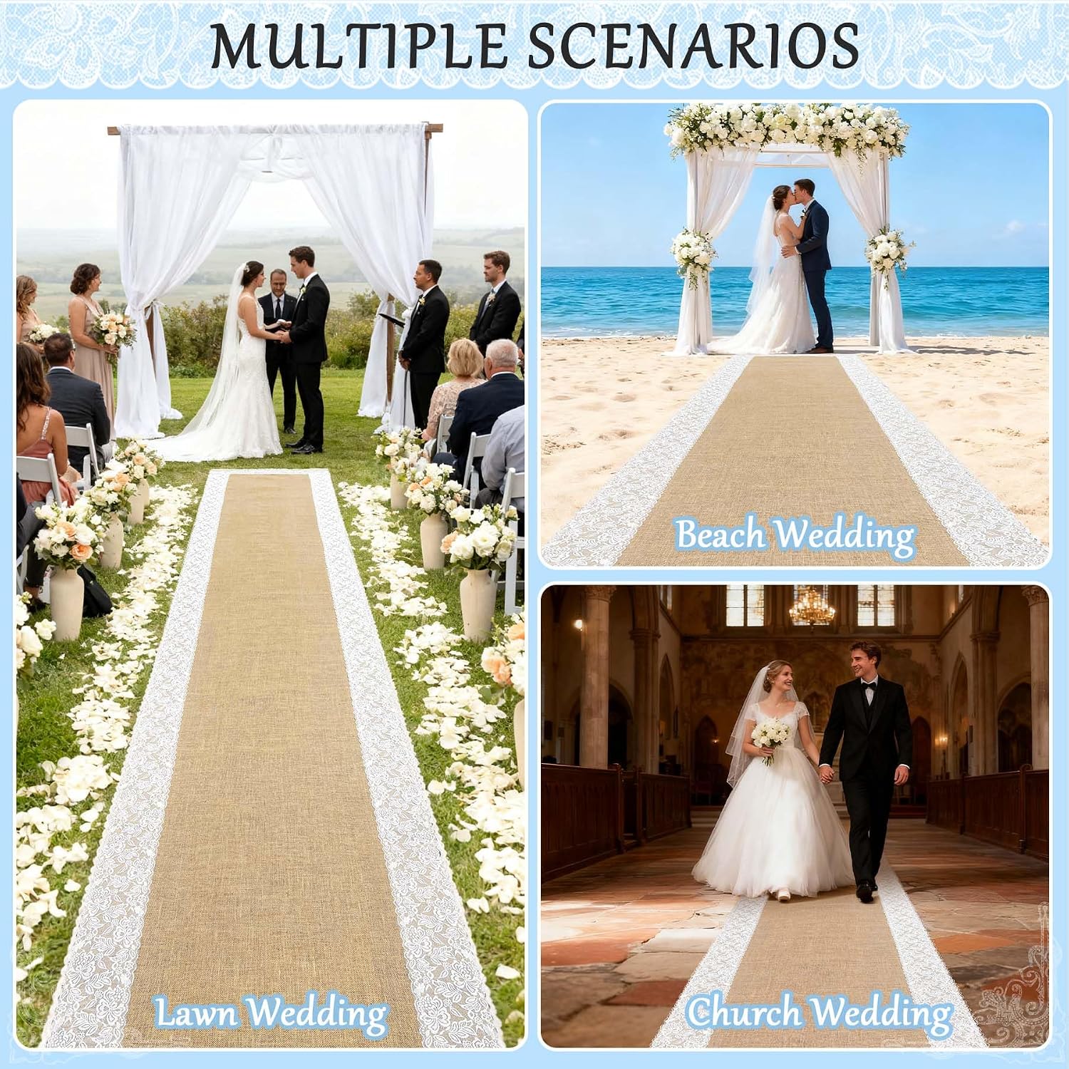 3ft x 20 ft Wedding Aisle Runner Outdoor for Wedding Ceremony with Lace Jute Rustic Natural Burlap Decorations Beach Garden Church Reception Craft Decor